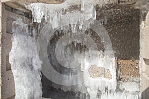 Interior doors of icecles covering The Cribs on Lake Superior, M