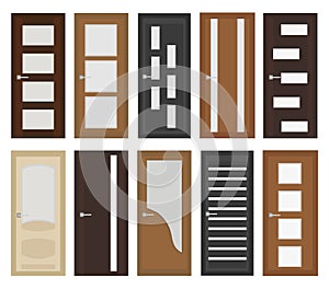 Interior doors set, flat style. Door with different types of glass. Isolated on white background. Vector illustration.