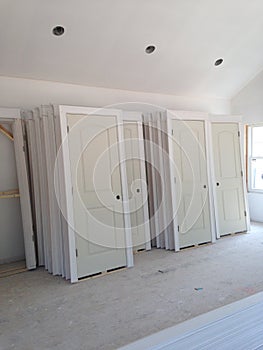 Interior doors waiting to be installed in residential home