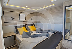 Interior of double cabin on luxury yacht