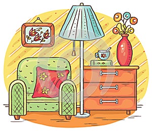 Interior drawing with an arm-chair, lamp and chest of drawers