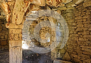 The interior of the dwelling of abandoned village of Gamsutl, Russia