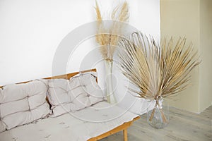 Interior eco design pampas grass and cozy style with sofa, palm leaves boho. Scandinavian home interior trendy design. Stylish