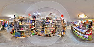 Interior of eco-store with clothes and yoga items. 3D spherical panorama with 360 degree viewing angle. Ready for virtual reality