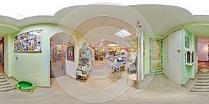 Interior of eco-store with food and fridges. 3D spherical panorama with 360 degree viewing angle. Ready for virtual reality in vr.