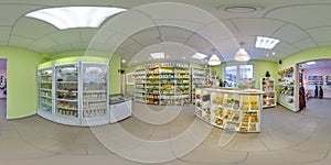 Interior of eco-store with food and fridges. 3D spherical panorama with 360 degree viewing angle. Ready for virtual reality in vr.