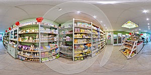 Interior of eco-store with food and fridges. 3D spherical panorama with 360 degree viewing angle. Ready for virtual reality in vr.