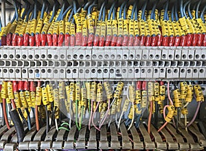 interior of an electrical cabinet with a terminal block full of numbered wires, industrial automation, wiring diagrams of machine