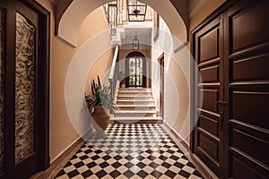 Interior of an elegant hotel corridor with wooden doors and floor tiles. Colonial, country style