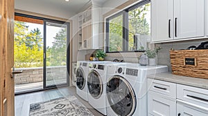 Interior of elegant laundry room in a modern house. White wooden cabinets, marble tabletop, washing machine and dryer