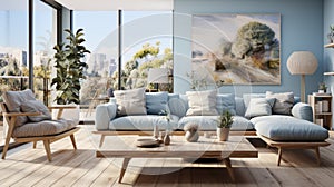 Interior of elegant modern living room in luxury apartment. Stylish cushioned furniture, wooden coffee table, houseplant
