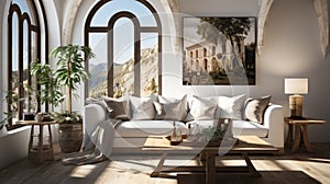 Interior of elegant modern living room in luxury villa. Stylish sofas, wooden coffee table and side tables, houseplants