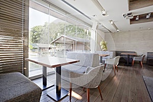 Interior of an elegant riverside cafe