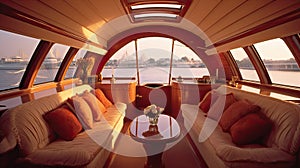 Interior of an elegant sloop rigged yacht. Wooden furniture, decoration. Transportation, nautical vessel, past, history