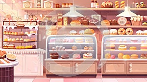 Interior elements for bakeries - cartoon glass showcase and shelves displaying fresh bread, pastries, cakes, and