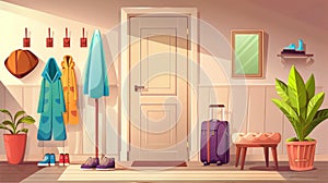 Interior elements of a Cartoon home hallway entrance door with suitcase, coat rack, shoes, umbrella, pouf and mirror