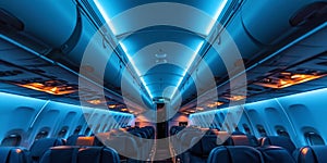 Interior empty cabin of a passenger civil aircraft, illuminated at night. Generative AI