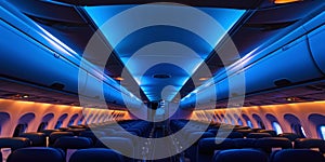 Interior empty cabin of a passenger civil aircraft, illuminated at night. Generative AI