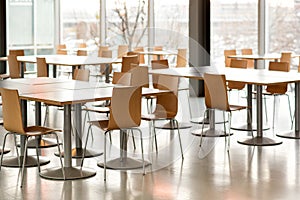 Interior of empty canteen with tables and chairs