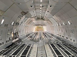 Interior of an empty cargo hold of an airplane