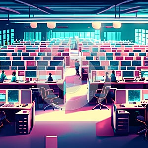 Interior of empty computer room. 3d render, 3d illustration. AI generated