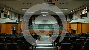 interior of empty conference hall or cinema or theater with grey armchair