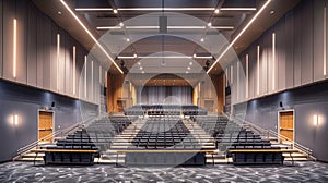 interior of empty conference hall or cinema or theater with grey armchair