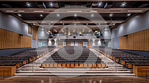 interior of empty conference hall or cinema or theater with grey armchair