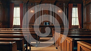 Interior of an empty courtroom, low and order concept