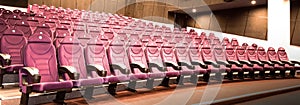 Interior of empty hall with red armchairs