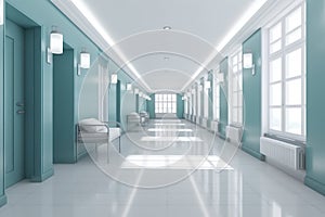 Interior of an empty hospital corridor with blue walls and white tiled floor