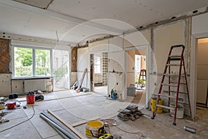 Interior of an empty house undergoing renovation