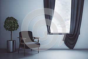 Interior of empty living room with window with gray curtains