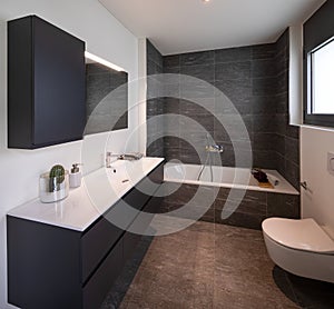 Interior of an empty and luxurious modern bathroom, nobody inside. It`s a private home