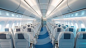 Interior of empty modern aircraft with blue flight seats and hallway in daytime during flight.