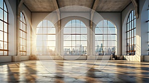 Interior of empty modern luxury open space area for office or apartment. Hardwood floor, white walls, concrete ceiling