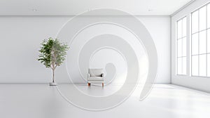 Interior of empty modern minimalist living room. Snow white walls and floor, indoor plant in a pot, comfortable armchair