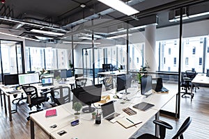 Interior of empty modern office with desks and computers