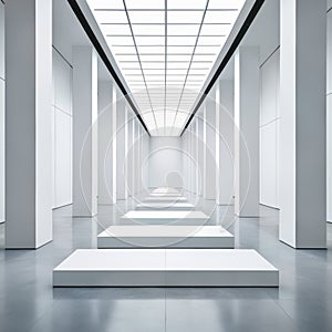 Interior of empty office building with white walls and tiled floor