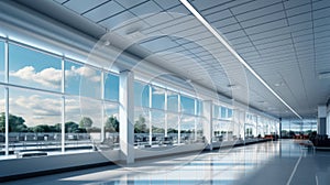 Interior of empty open space office area in modern luxury building. Glossy floor, white columns and ceiling, chillout