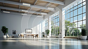 Interior of empty open space office area in modern luxury building. Glossy floor, white walls, chillout area, plants in