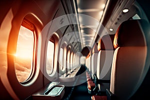 Interior of an empty passenger airplane in the air. Empty passenger airplane seats.