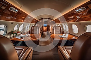 Interior of a empty private jet with leather seats