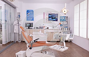 Interior of empty professional modern stomatology hospital office ready for dental tooth surgery