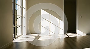 Interior of an Empty Room with Sunlight Streaming Through a Large Window Casting Geometric Shadows