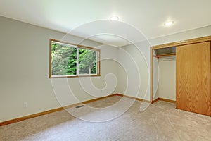 Interior of empty room with closet, carpet floor and small window.