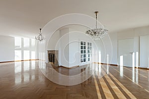 Interior, empty room with fireplace