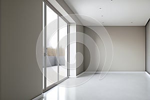 the interior of an empty room with a large window and access to a balcony,