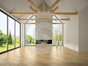 Interior empty room with rafters and fireplace 3D rendering