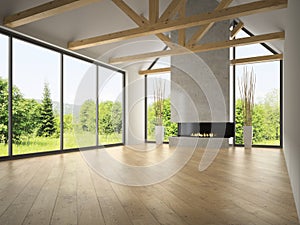 Interior empty room with rafters and fireplace 3D rendering 2